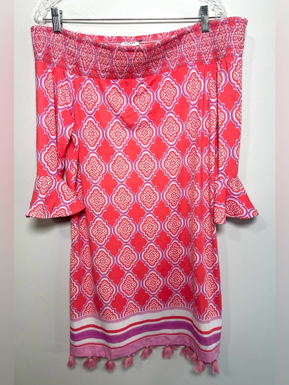Cabana Life Coral and White Off-Shoulder Tassel-Hem Mini Dress Resortwear L/XL